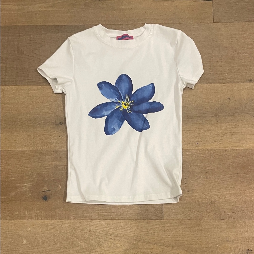 White Edikted T-Shirt with Blue Flower